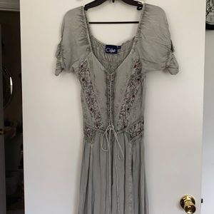 Pale sage green embroidered Renaissance dress